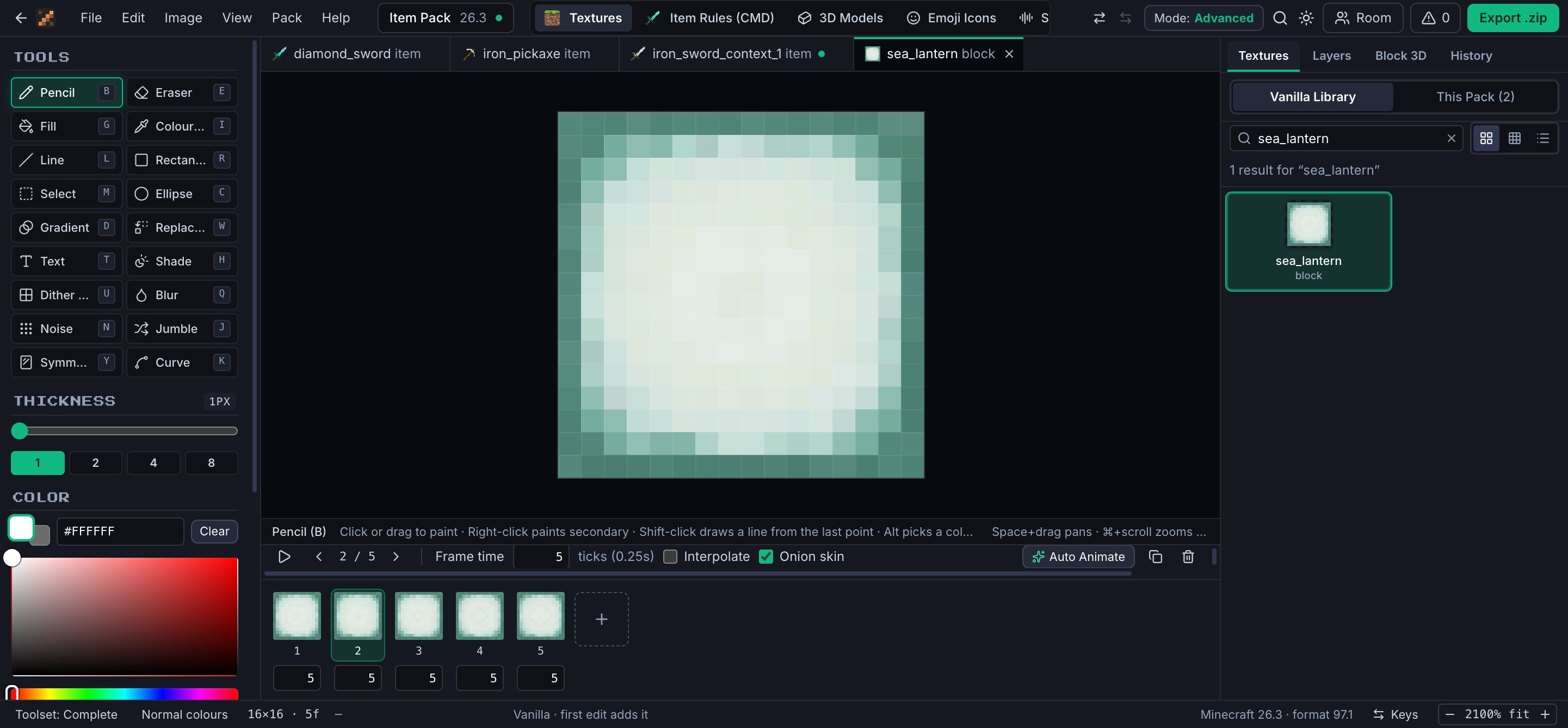 A sea lantern texture with its five animation frames in the timeline, each with its own frame time, and the Auto Animate button.
