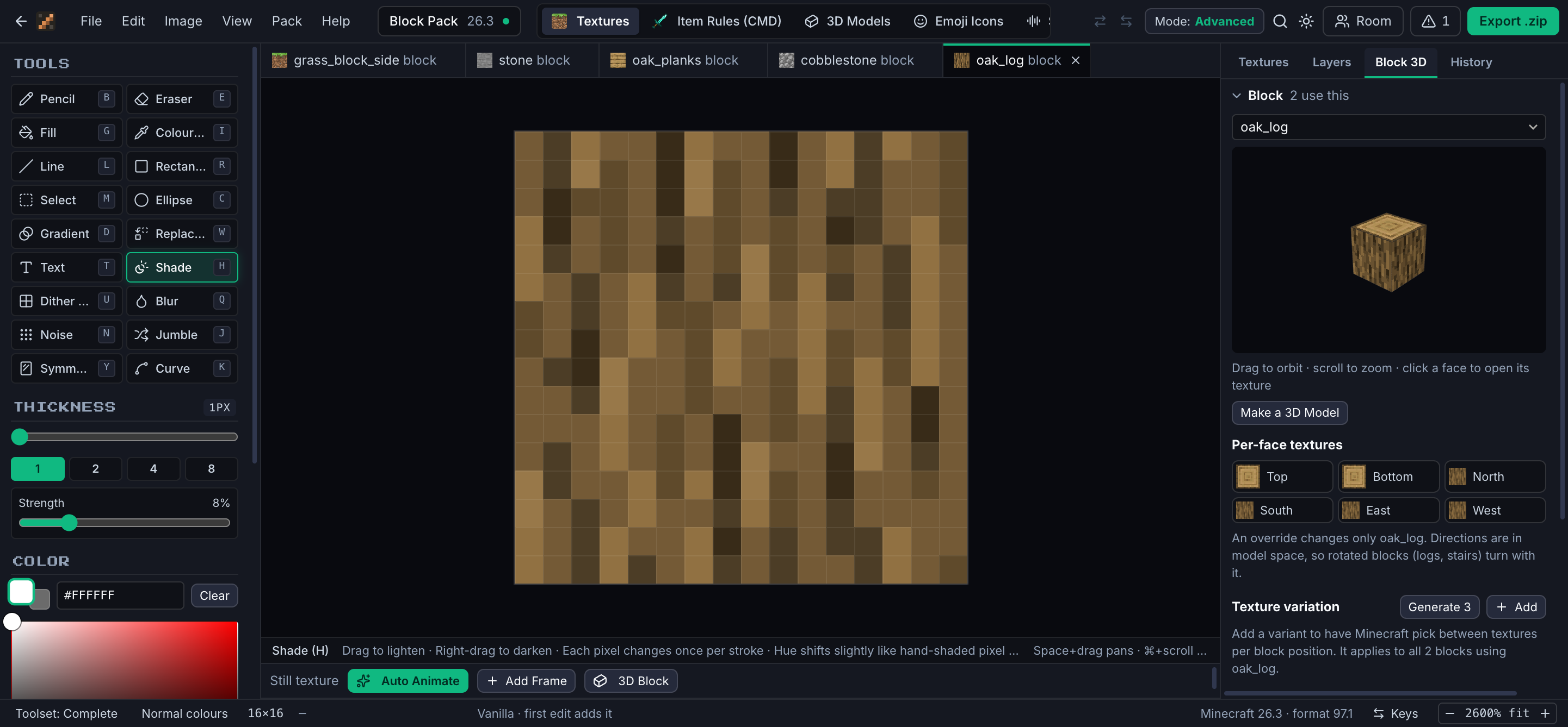 The Block inspector with a 3D oak log.