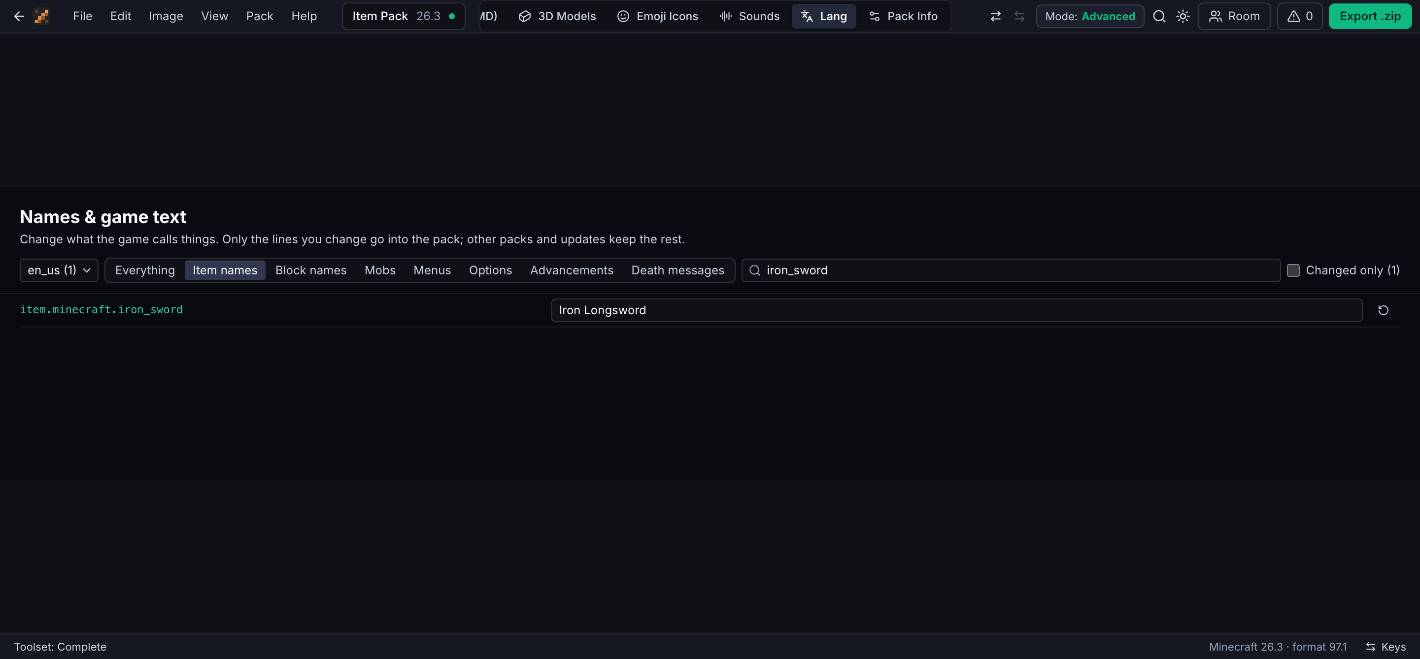 The Names and game text editor, renaming item.minecraft.iron_sword to Iron Longsword.