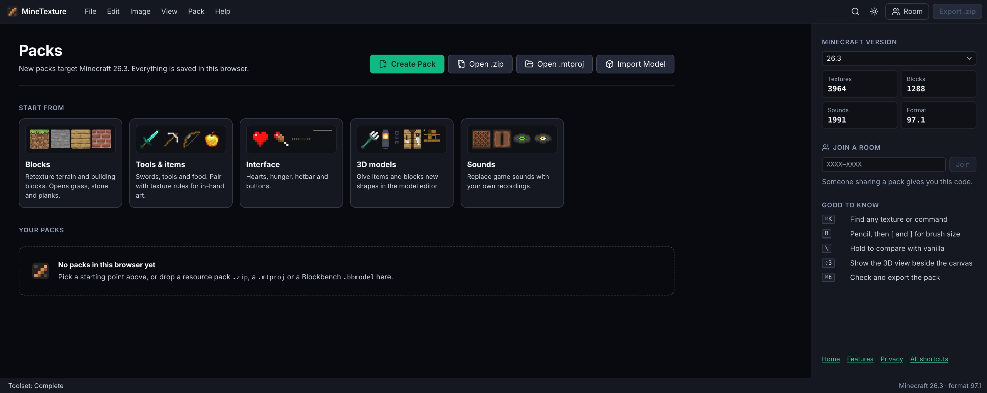 The Packs screen: create a pack, open a .zip or .mtproj, import a model, and start from blocks, tools and items, interface, 3D models or sounds.