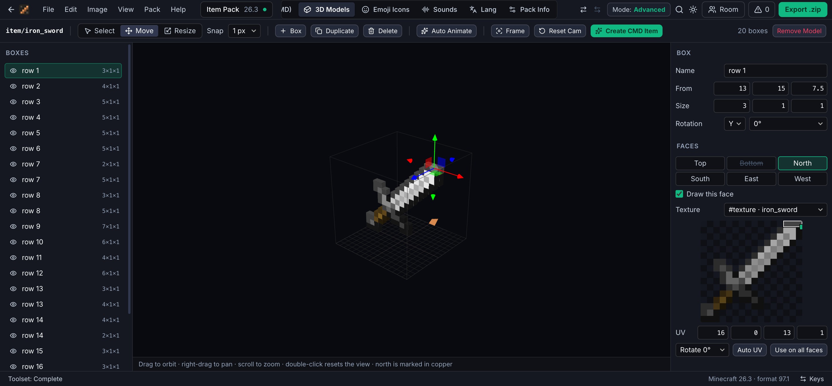 The 3D model editor with an iron sword built from boxes, move gizmo arrows, and the face and UV settings on the right.