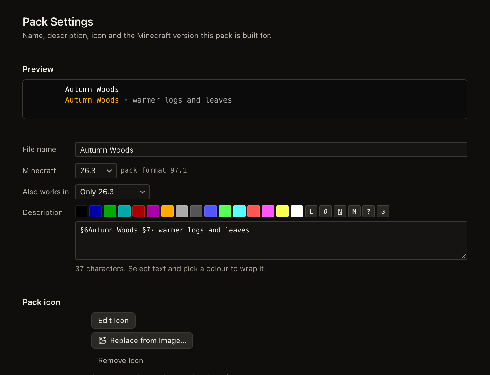 Pack settings: preview, file name, target version, supported range and description with colour codes.