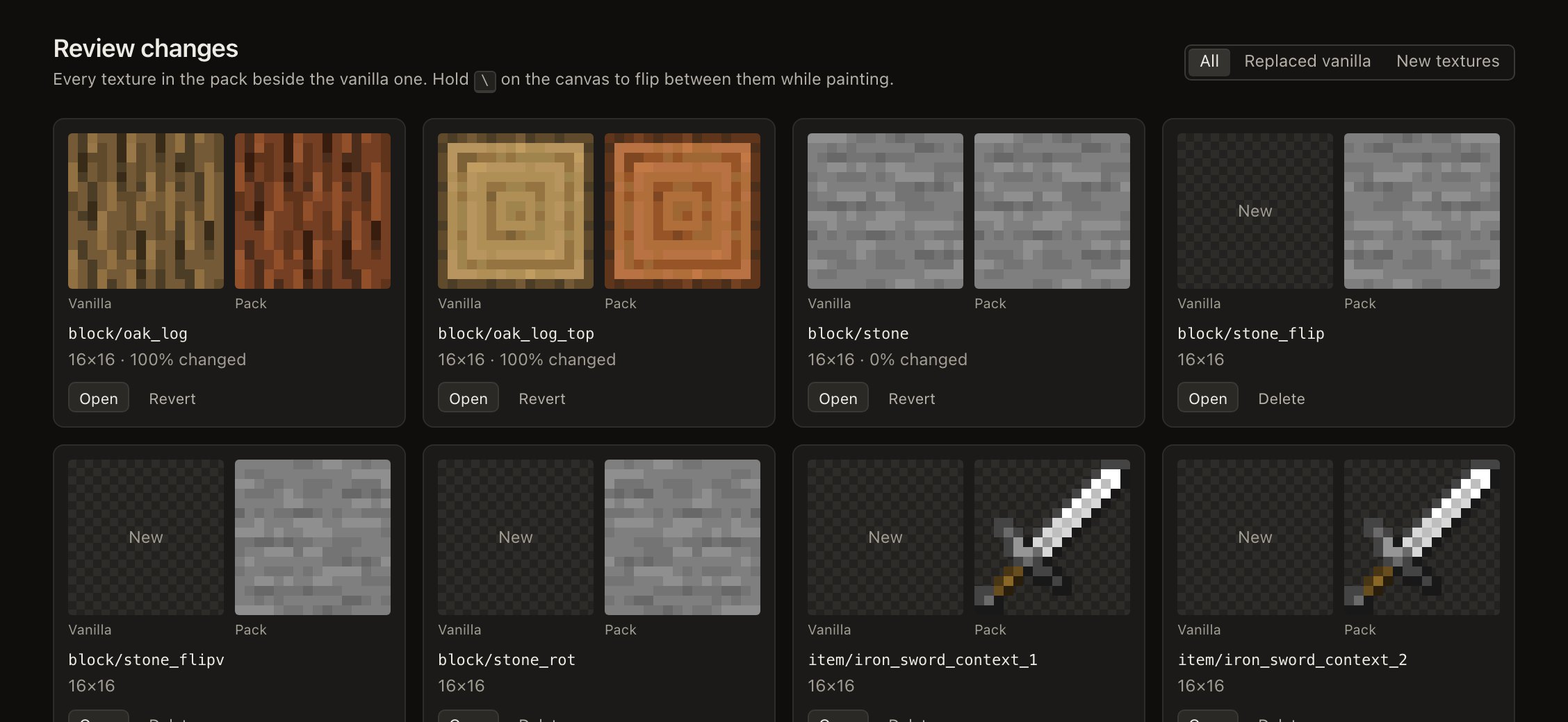 Review page showing pack textures beside vanilla.