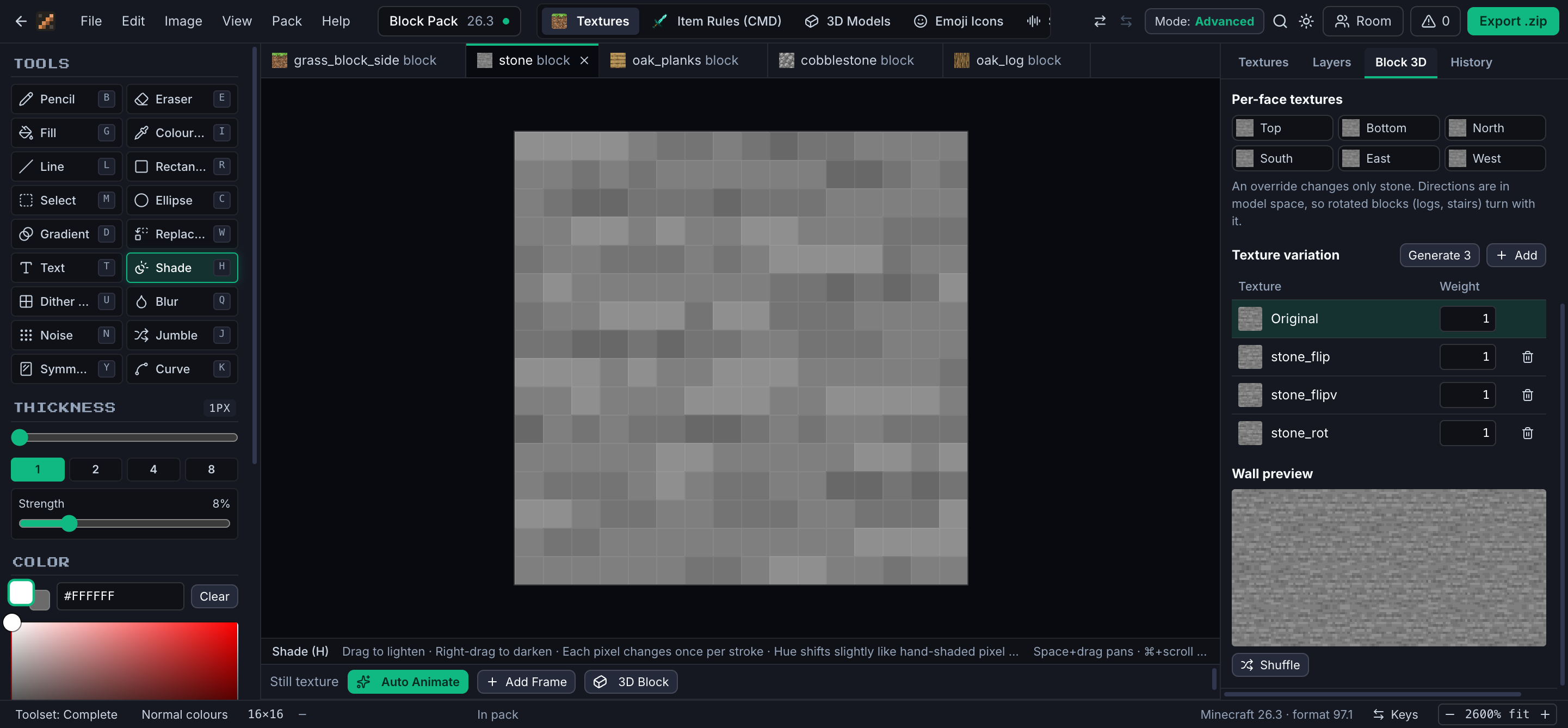 The MineTexture editor with a stone texture open: the 18 painting tools on the left, the pixel canvas in the middle, and the Block 3D panel on the right with per-face textures, three generated texture variants and a wall preview.